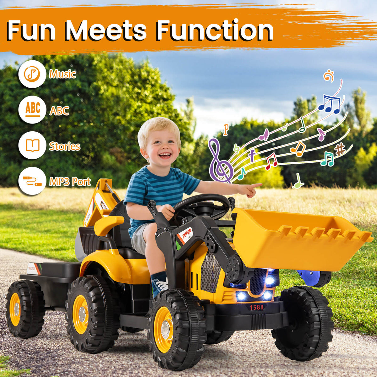 A happy child rides the yellow kids electric tractor with trailer, playing outdoors with music and stories