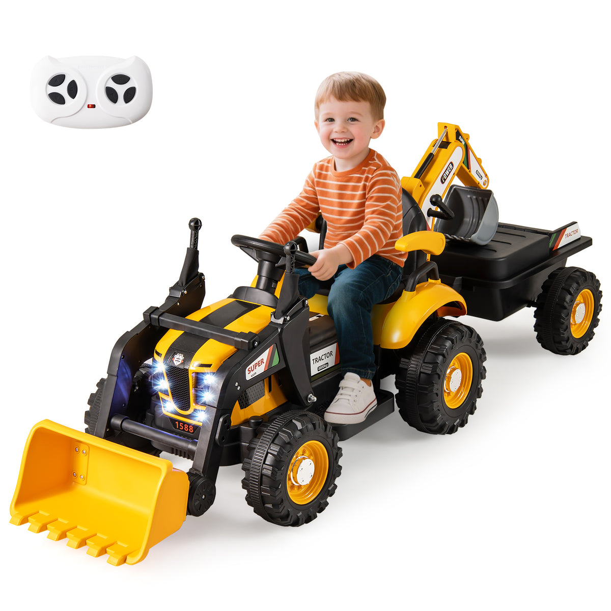 A child steers the yellow kids electric tractor with trailer, with a remote control shown above