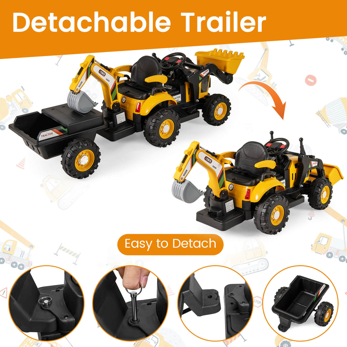 The yellow kids electric tractor with trailer shown detached and attached, with close ups of the connection