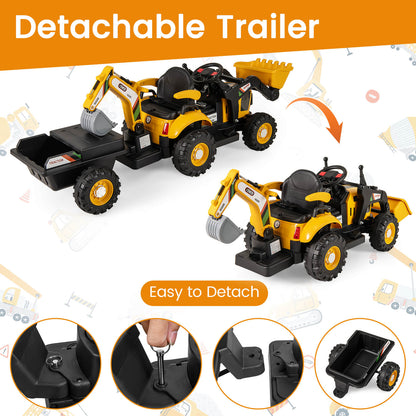 The yellow kids electric tractor with trailer shown detached and attached, with close ups of the connection