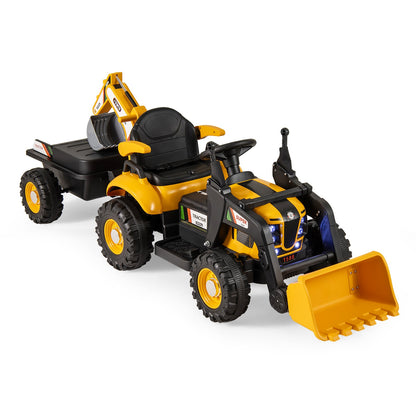 4-in-1 Ride on Tractor for Kids, a yellow ride on tractor with a trailer and front loader