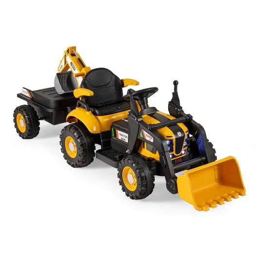 4-in-1 Ride on Tractor for Kids, a yellow ride on tractor with a trailer and front loader