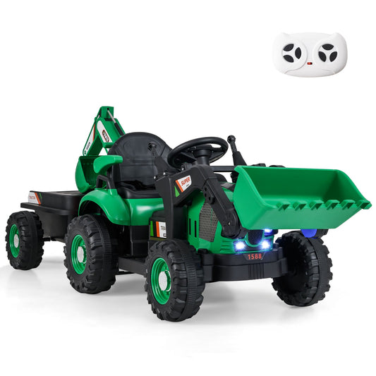 4-in-1 Ride on Tractor for Kids 12V with Remote Control and Trailer-Green, front view with bucket raised