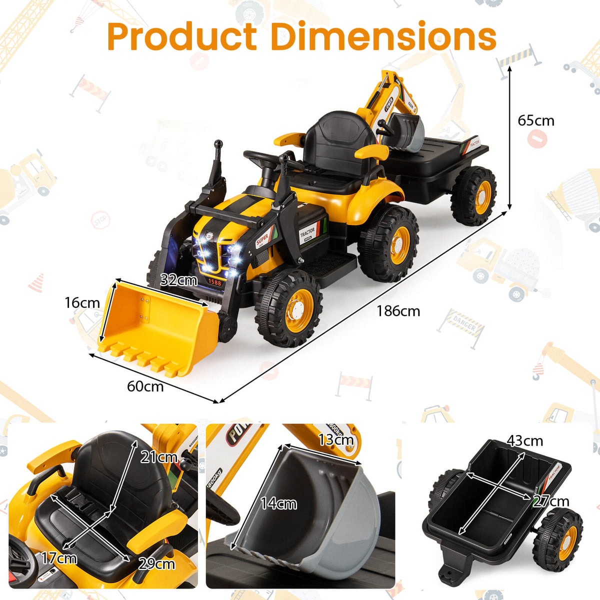 Product dimensions diagram for the yellow kids electric tractor with trailer, showing measurements