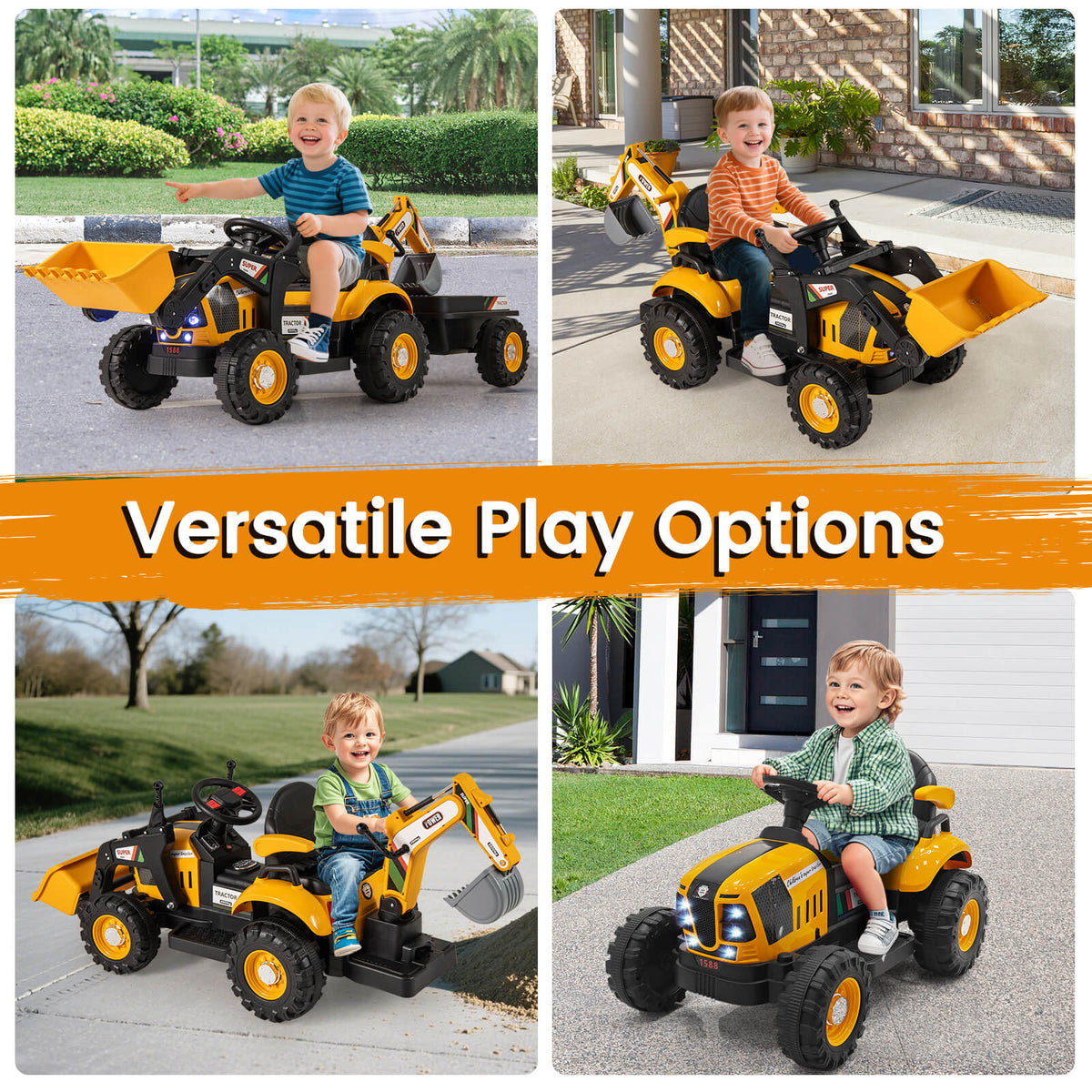 Four different play options for the yellow kids electric tractor with trailer, with children driving