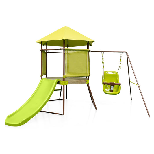 4-in-1 Swing Set with Height Adjustable Baby Seat featuring a green slide and playhouse