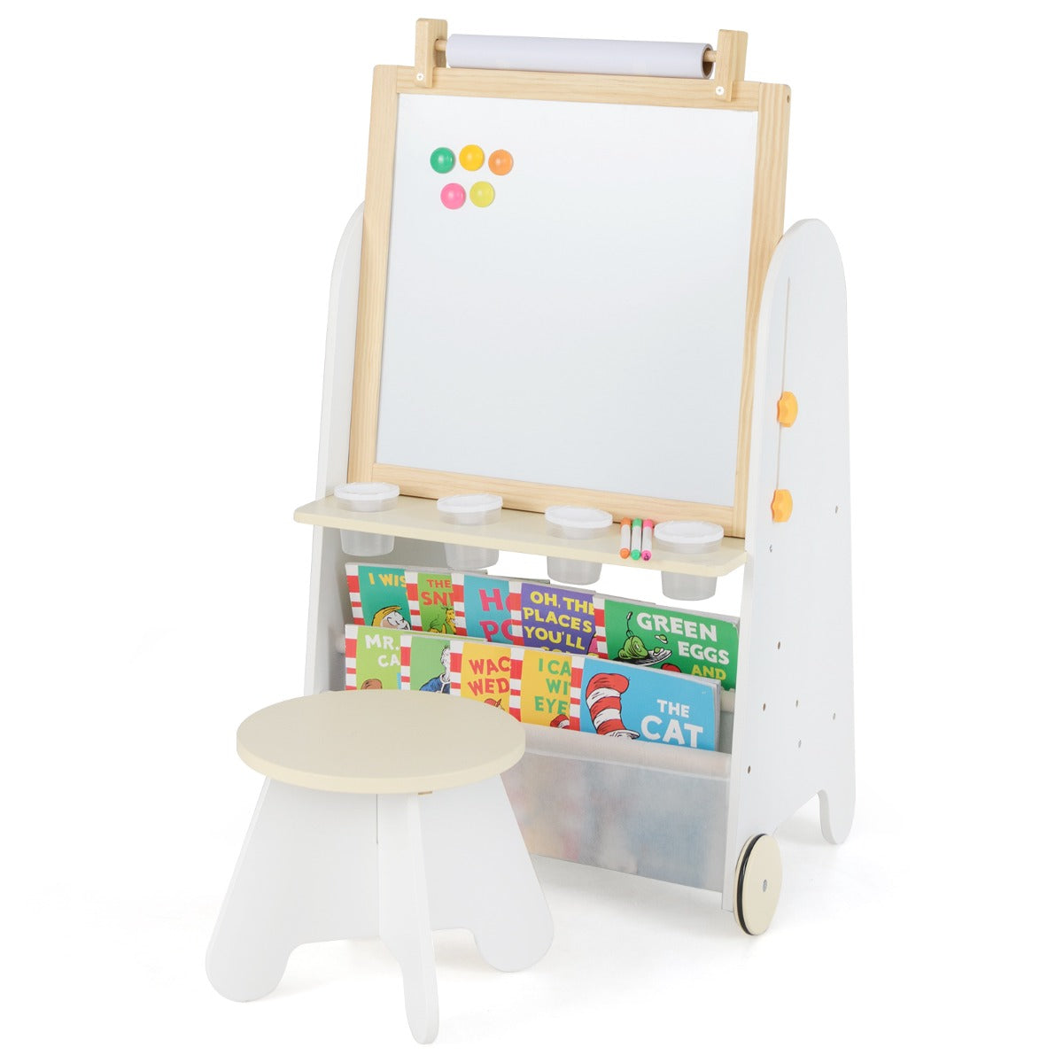 4-in-1 Toddler Activity Table Set with a magnetic whiteboard, storage shelves and a matching stool