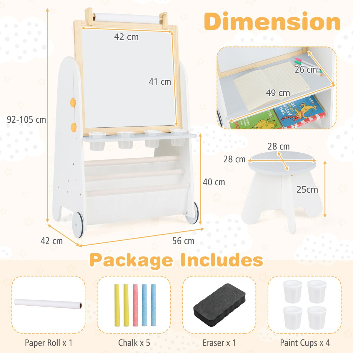 the activity table with labels showing dimensions and all components in the box