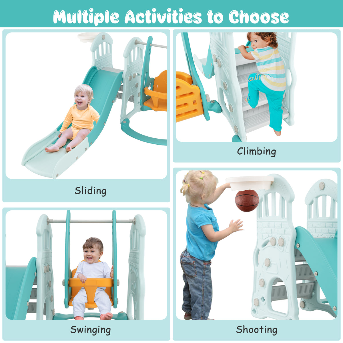 The kids slides showing four different activities including climbing and shooting hoops