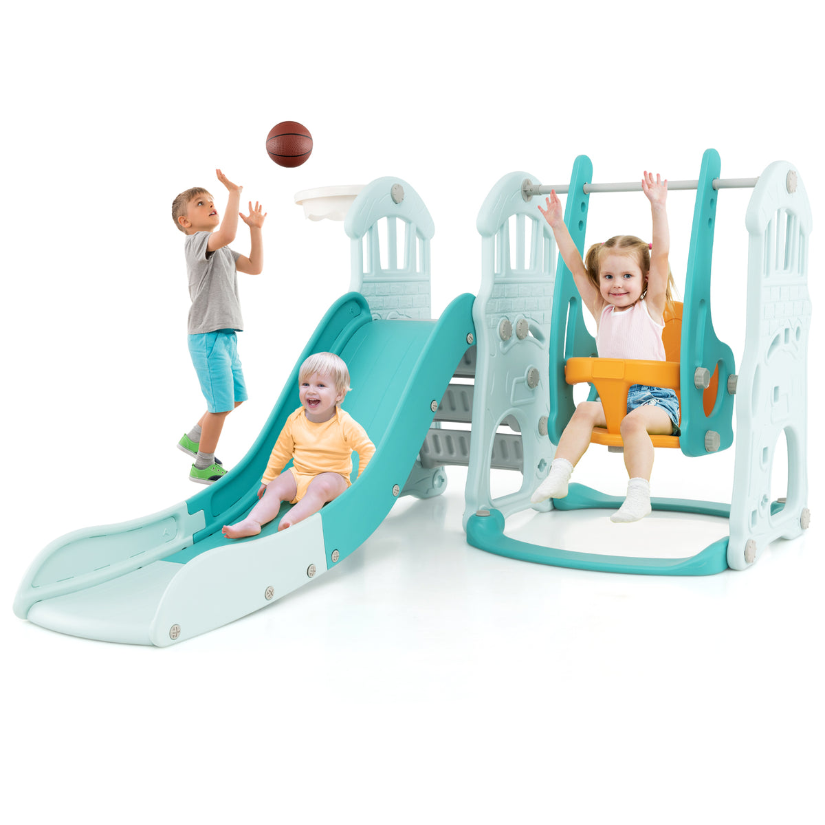 The kids slides equipment with children using the swing and slide on a white background