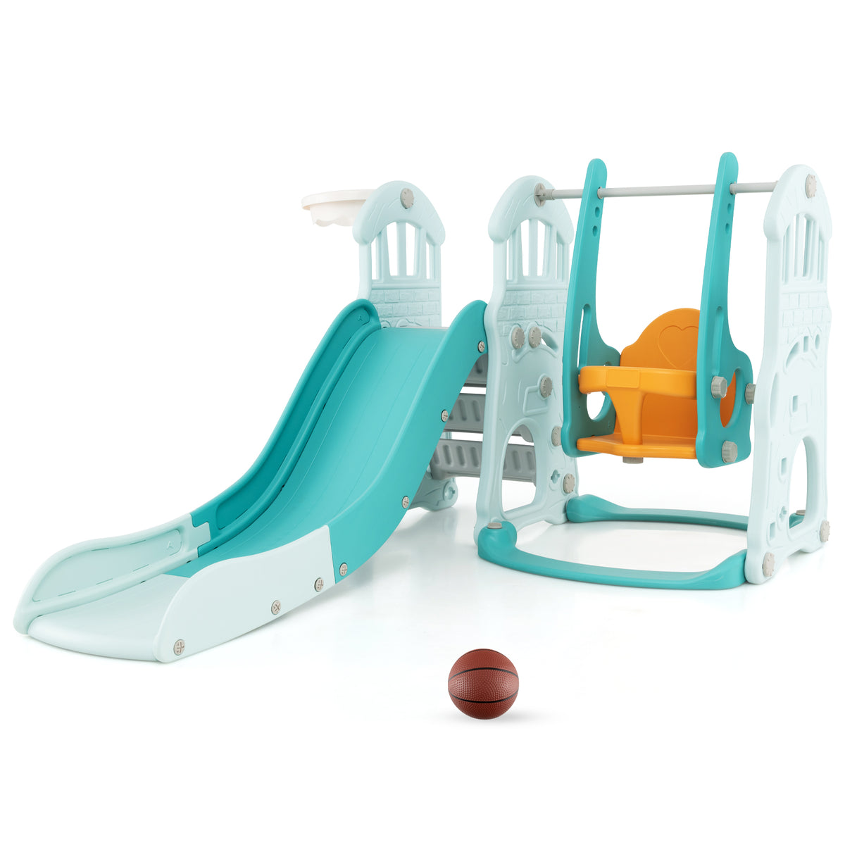 4-in-1 Toddler Slide and Swing Set in green and white with a small basketball on the floor