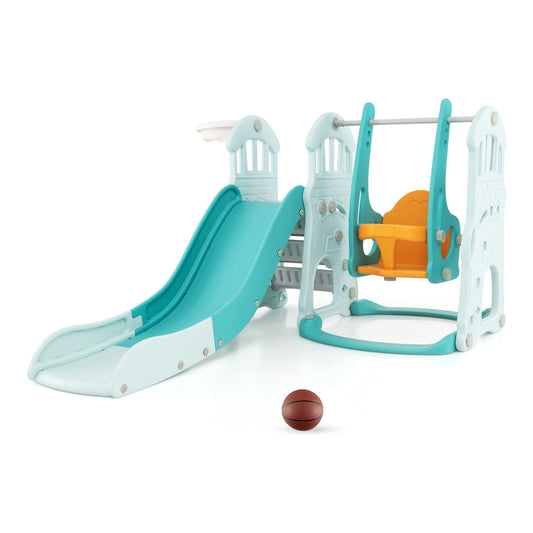 4-in-1 Toddler Slide and Swing Set in green and white with a small basketball on the floor