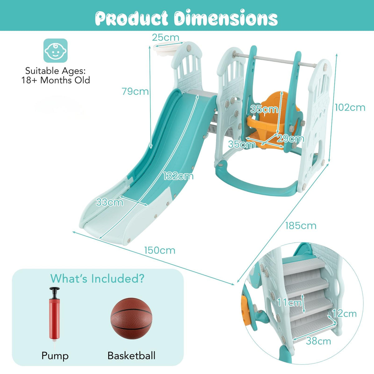 The kids slides size diagram showing dimensions and included accessories