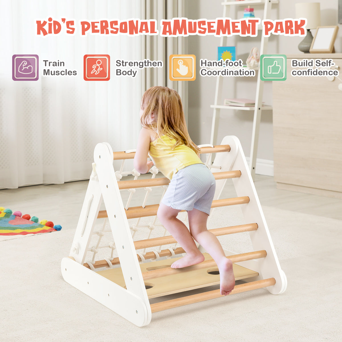 A child climbs the side of the wooden climbing frame, engaging with the net