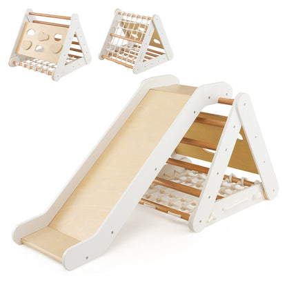 4 in 1 Toddler Wooden Triangle Climber with Ramp and Sliding Board-White, a wooden climbing frame with a slide and net