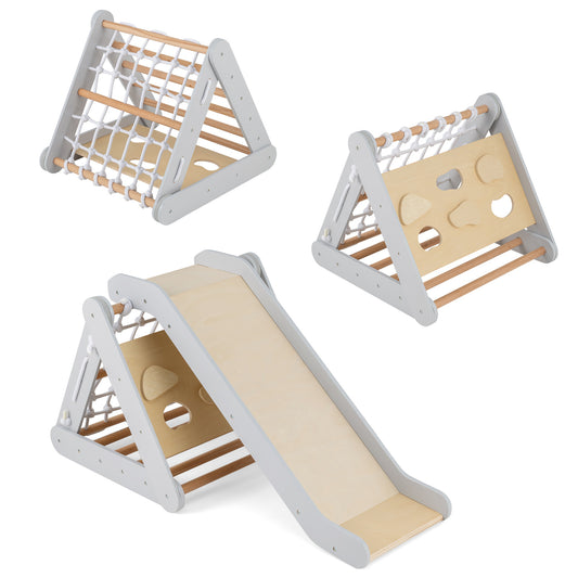 4 in 1 Toddler Wooden Triangle Climber shown with a ramp and climbing wall in grey and natural wood