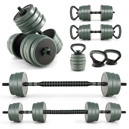 4-in-1 Weight Set showing various assembled dumbbells, barbells and kettlebells on white