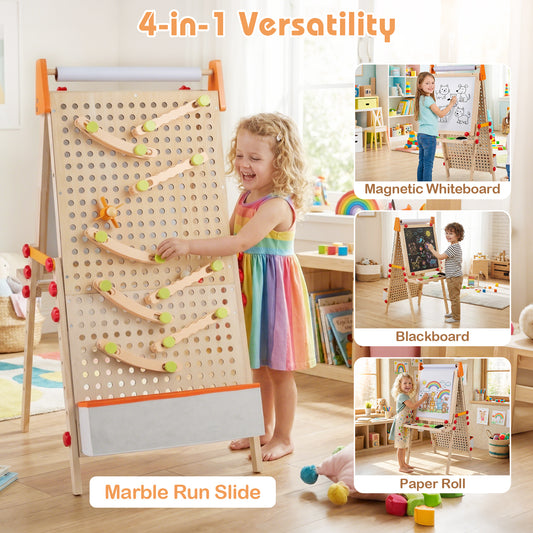 This kids art easel has a marble run slide on one side and magnetic whiteboard and blackboard on the other