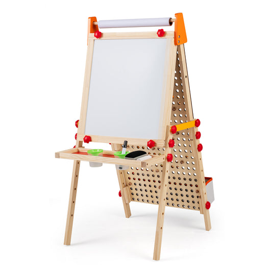 4-in-1 Wooden Kids Art Easel with Paper Roll standing upright with a whiteboard and paper roll holder