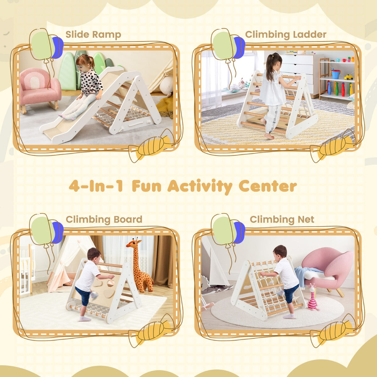 Four activity options for the wooden climbing frame: slide, ladder, climbing board, and net