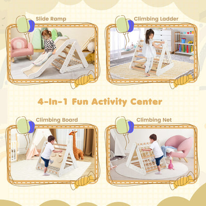 Four activity options for the wooden climbing frame: slide, ladder, climbing board, and net