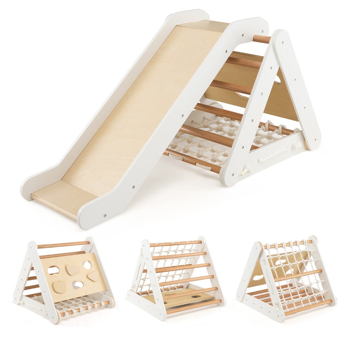4-in-1 Wooden Triangle Climbing Set with Ramp Sliding Board, a white wooden climbing frame with a slide and net