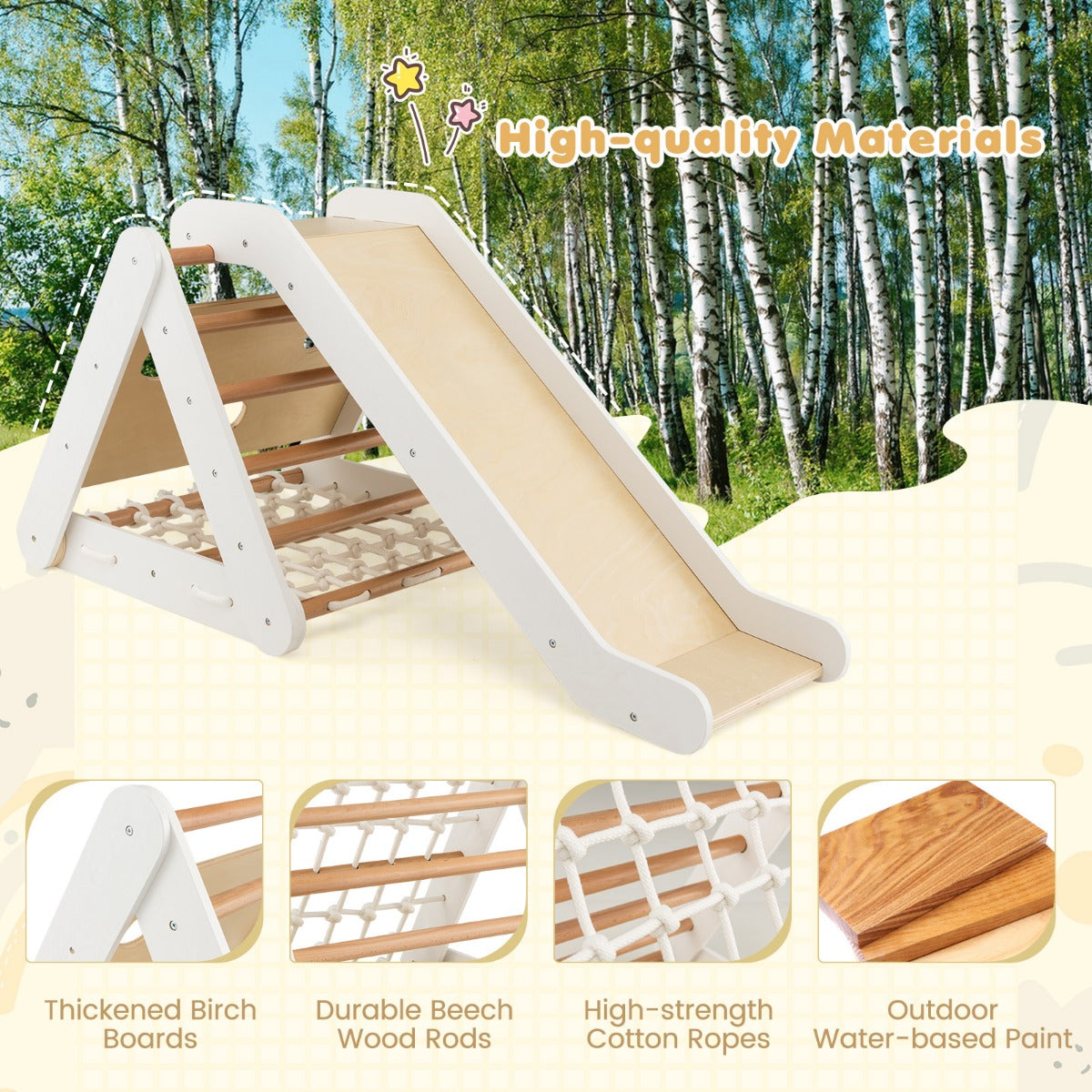 Close-ups of the wooden climbing frame showing materials and construction details