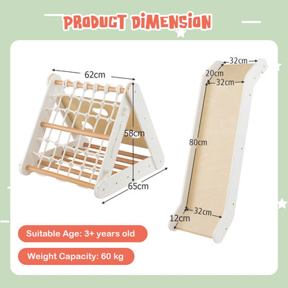 Dimensions for the wooden climbing frame and slide, showing height and width measurements