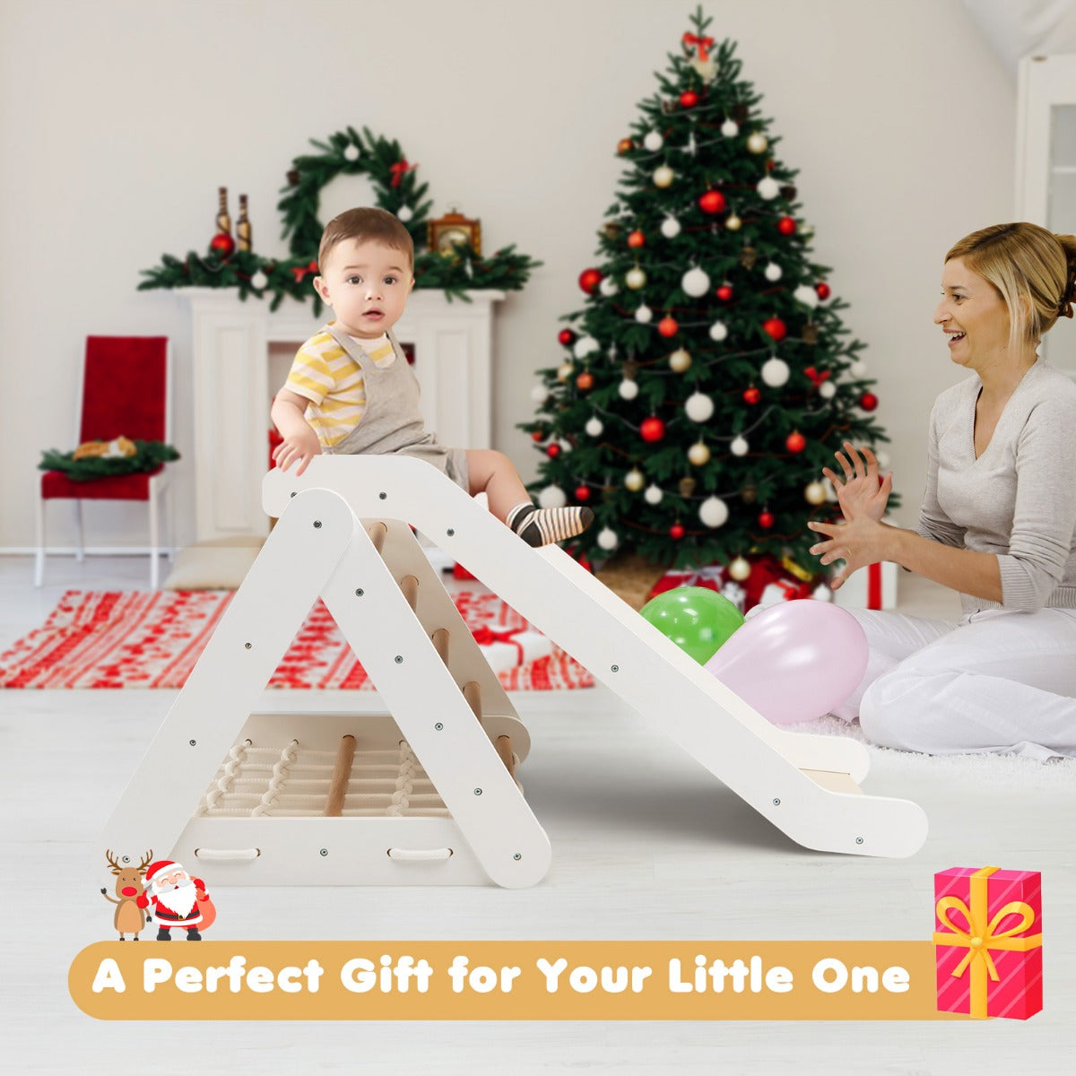 A baby sits on the wooden climbing frame in a living room decorated for Christmas