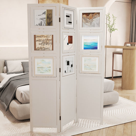 The room divider placed in a bedroom next to a bed with neutral bedding
