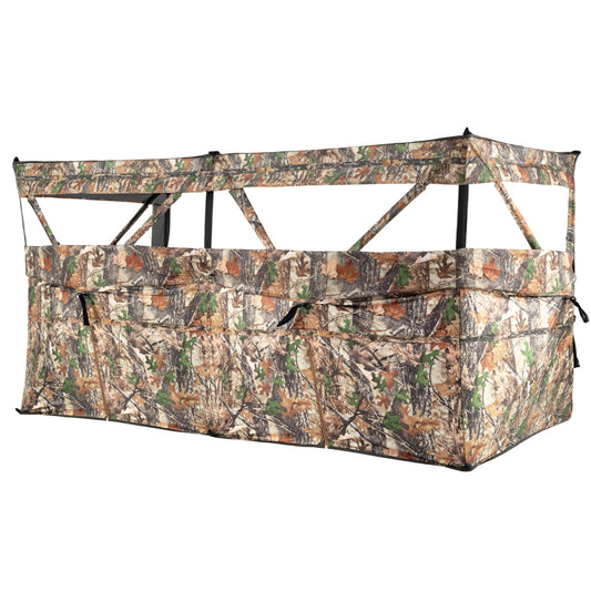 4-Panel Hunting Blind a three-person see-through ground blind tent with camouflage pattern