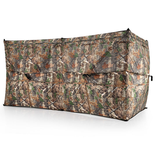 The camouflage hunting blind tent from a side angle showing its full length