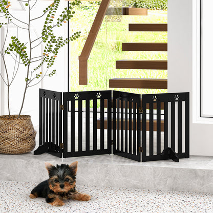 The pet gate is positioned at the bottom of stairs with a dog lying in front