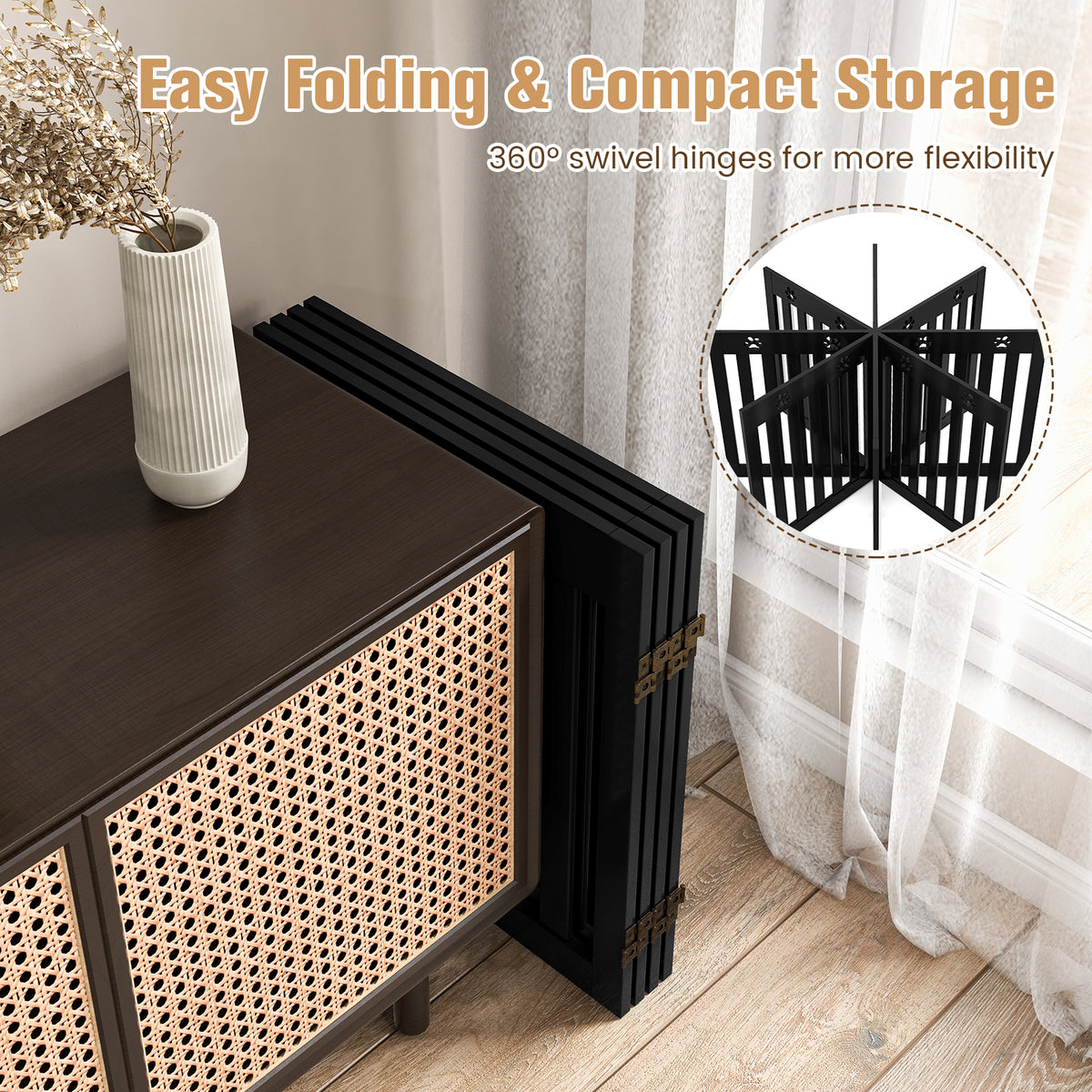 The folding pet gate is shown collapsed next to a cabinet