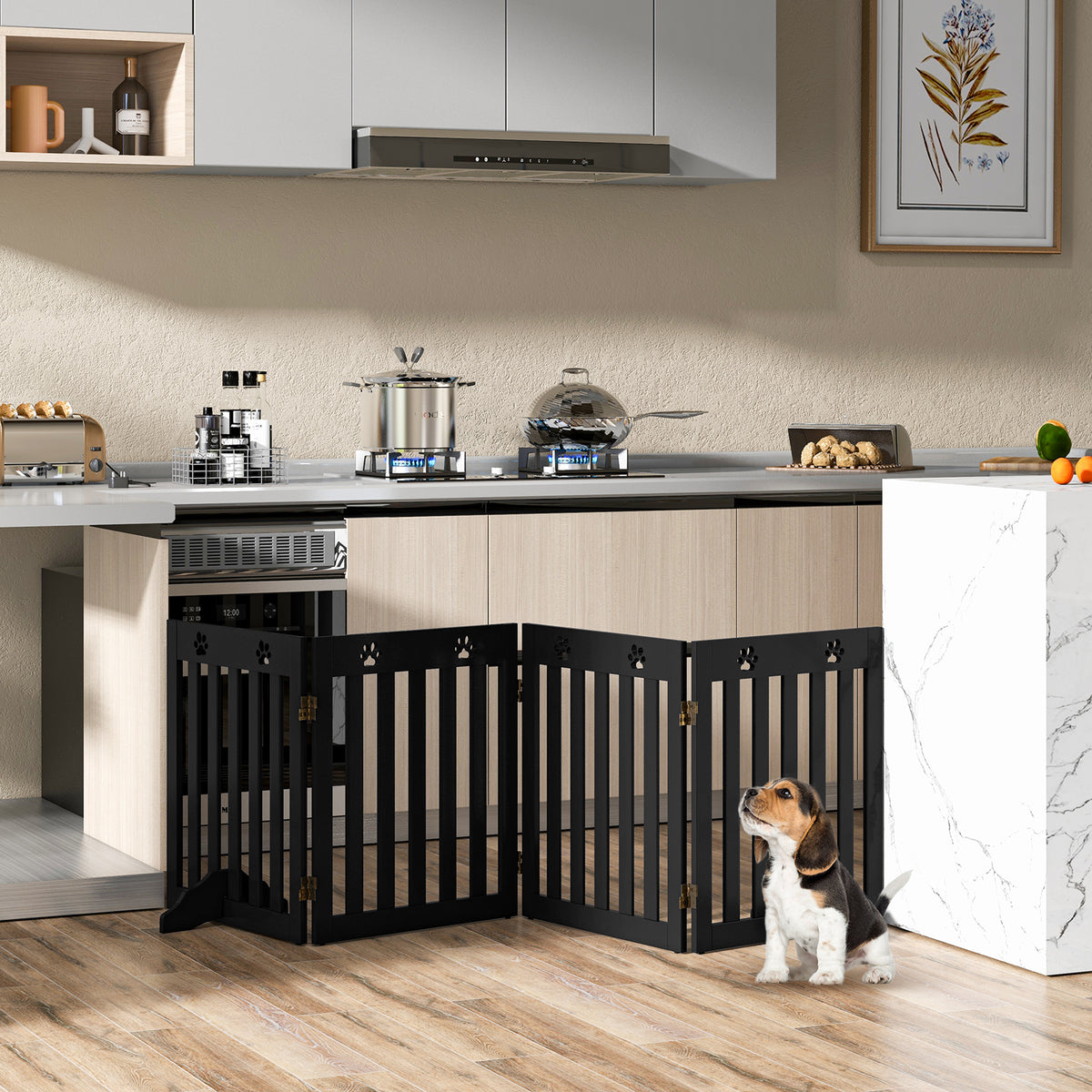 The pet gate is set up in a kitchen area with a dog sitting in front