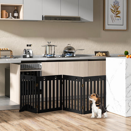 The pet gate is set up in a kitchen area with a dog sitting in front