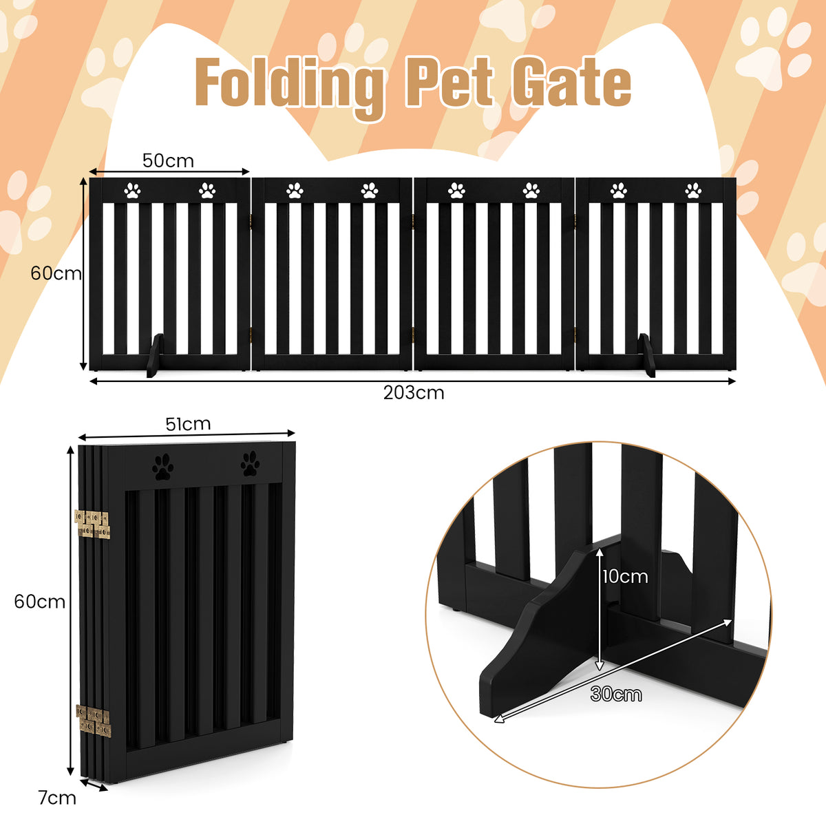 Diagram showing the dimensions of the folding pet gate