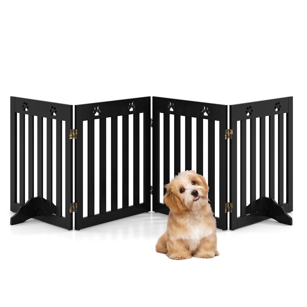 4 Panels Folding Pet Gate-Brown in a room with a small dog sitting in front