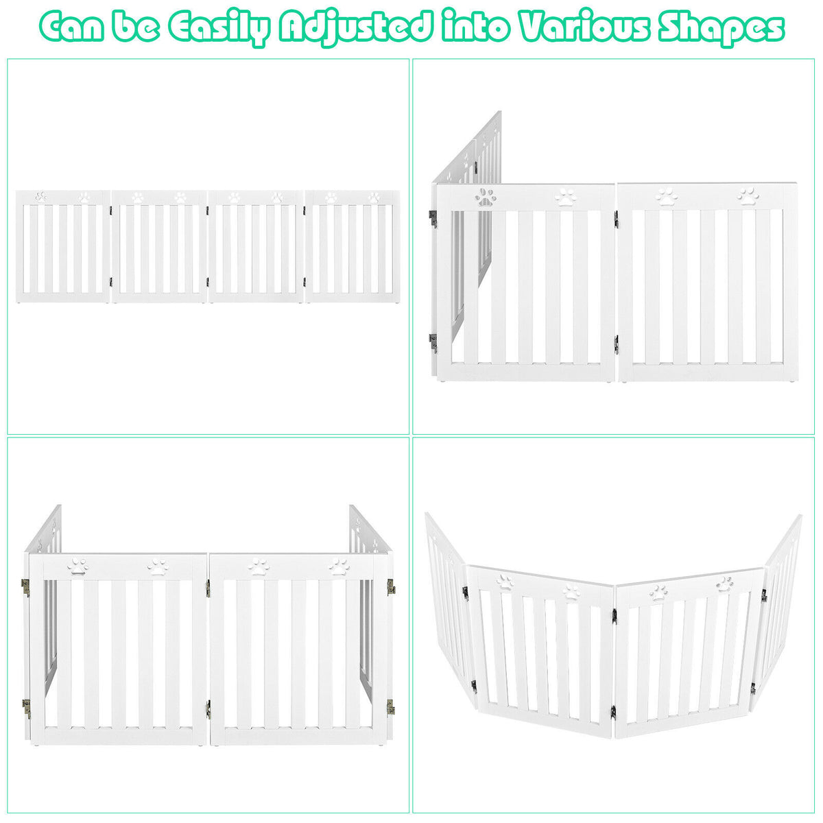 The white pet gate is shown in various configurations, demonstrating how it can be adjusted into different shapes