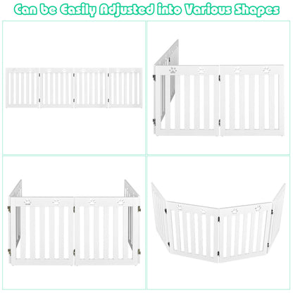 The white pet gate is shown in various configurations, demonstrating how it can be adjusted into different shapes