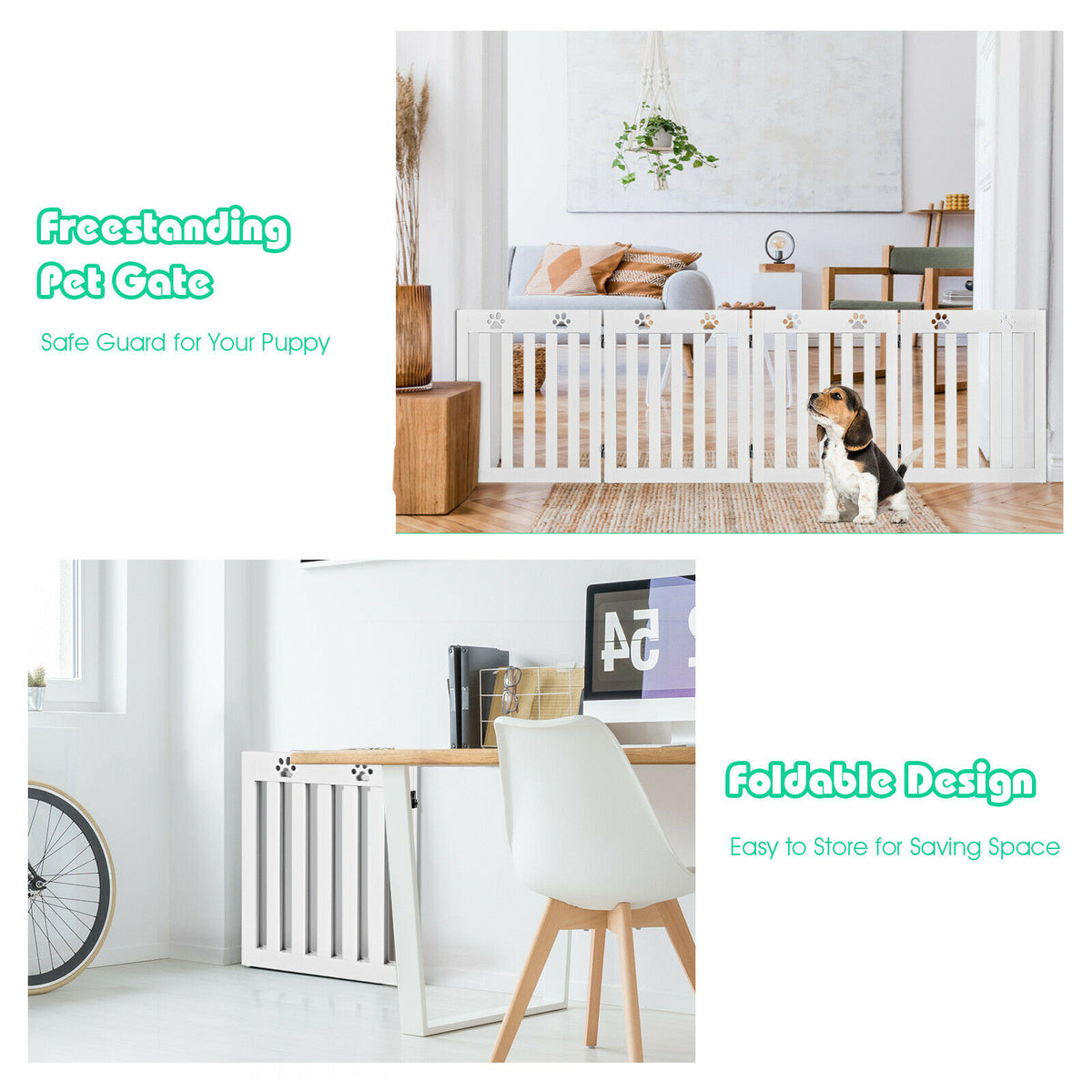 The white pet gate is shown freestanding in a room and folded for storage, with text about its design