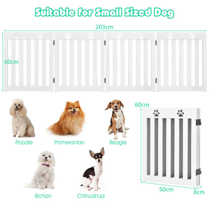 Diagram showing the dimensions of the white pet gate and examples of suitable dog breeds