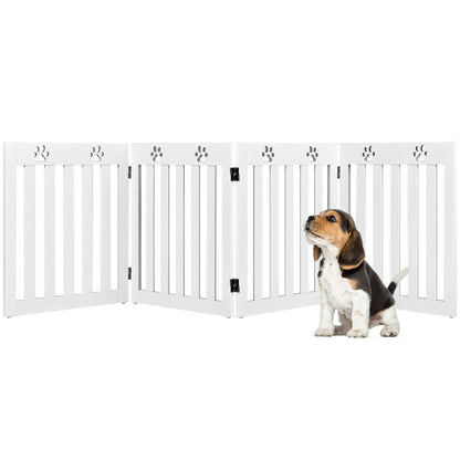 4 Panels Folding Pet Gate-White, a white wooden pet gate with paw prints on top, a beagle puppy sits to the right
