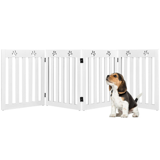 4 Panels Folding Pet Gate-White, a white wooden pet gate with paw prints on top, a beagle puppy sits to the right