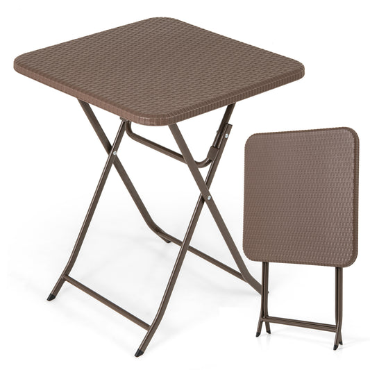 4-Person Rattan Textured Folding Picnic Table in rustic brown, shown open and folded