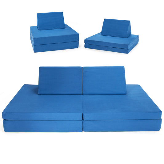 4-Piece Convertible Kids Couch with Folding Mats in blue, shown as two separate seating units