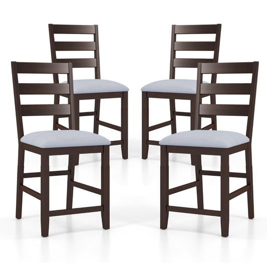 4-Piece Counter Height Bar Stool Set with dark wooden frames and light grey padded seats