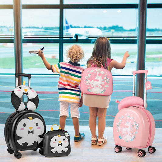 Children with the kids journey suitcase set and a pink unicorn suitcase in an airport terminal