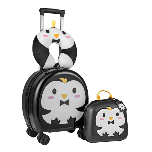 4-Piece Kid's Luggage Set Kids Journey Suitcase Set in black with a penguin design, including a suitcase and a smaller bag