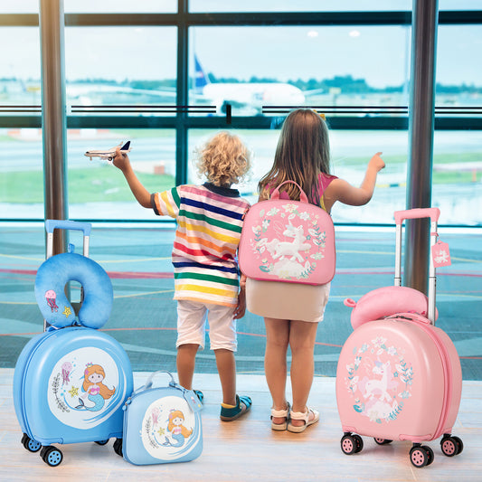 Two children with their luggage sets, one blue and one pink, at an airport departure gate